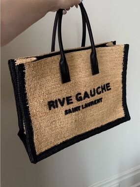 Saint Laurent Rive Gauche Two-Tone Straw Tote in Natural and Black
